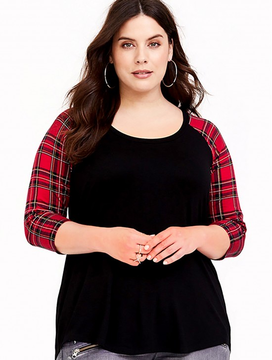 Basic Red Plaid Sleeved Top